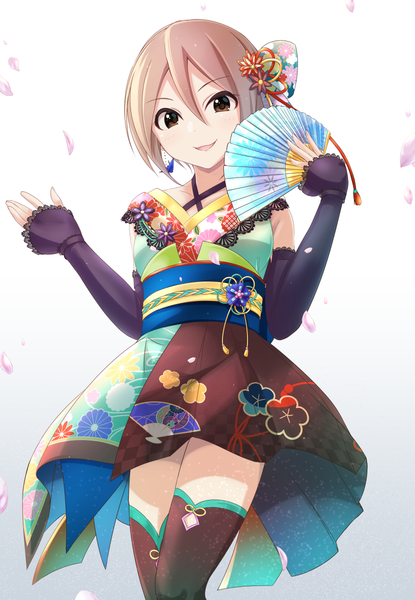 Anime picture 830x1200 with idolmaster idolmaster cinderella girls shiomi shuuko gseeddjp (artist) single tall image looking at viewer blush fringe short hair open mouth simple background smile hair between eyes brown hair standing white background holding brown eyes traditional clothes