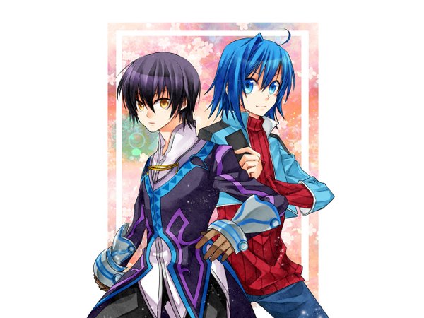 Anime picture 1280x960 with cardfight!! vanguard sendo aichi short hair blue eyes black hair simple background smile blue hair multiple boys orange eyes boy jacket 2 boys sweater