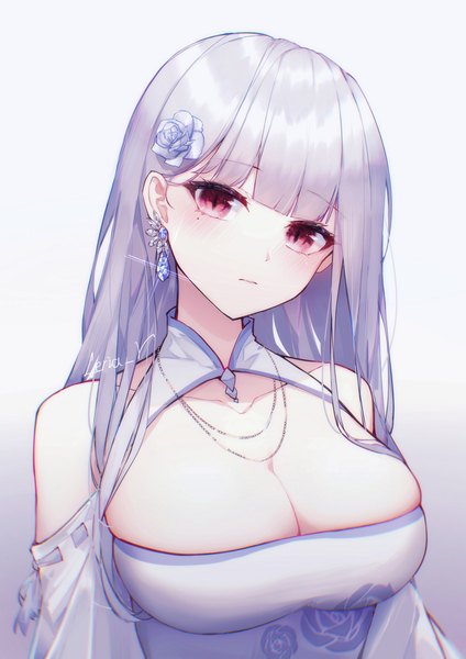 Anime picture 1413x2000 with original leria v single long hair tall image looking at viewer blush fringe breasts light erotic simple background red eyes large breasts bare shoulders signed cleavage silver hair upper body blunt bangs traditional clothes