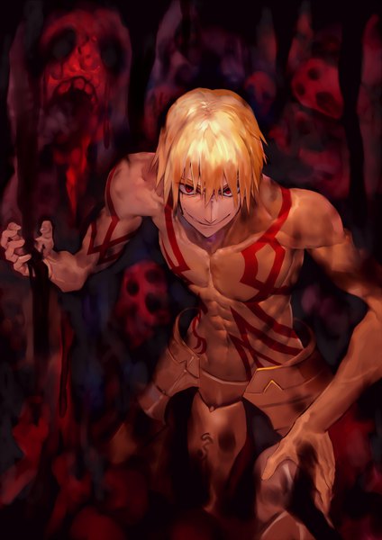 Anime picture 1446x2046 with fate (series) fate/stay night gilgamesh (fate) bob (biyonbiyon) single tall image looking at viewer fringe short hair blonde hair smile hair between eyes red eyes tattoo topless ghost crazy eyes boy armor