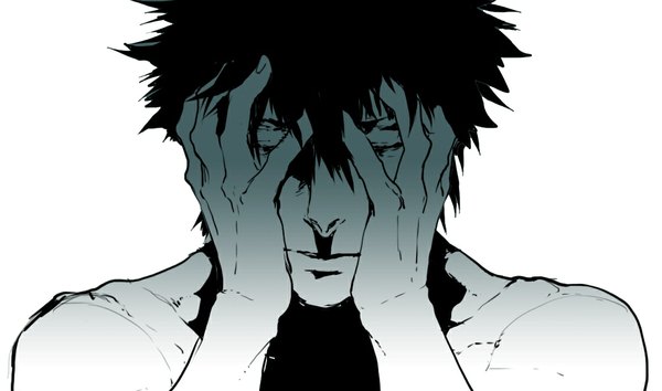 Anime picture 1126x666 with psycho-pass production i.g kougami shin'ya npn single short hair black hair simple background wide image white background eyes closed monochrome hand on cheek boy