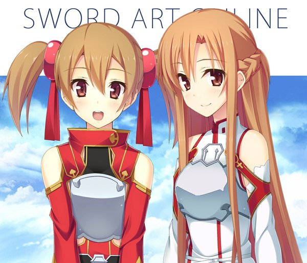 Anime picture 1000x858 with sword art online a-1 pictures yuuki asuna silica ihara asta long hair looking at viewer blush short hair open mouth smile brown hair twintails brown eyes sky cloud (clouds) braid (braids) alternate costume copyright name short twintails