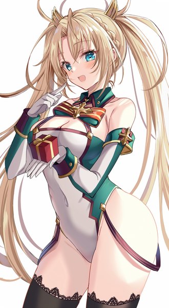 Anime picture 700x1271 with fate (series) fate/grand order bradamante (fate/grand order) harimoji single long hair tall image blush breasts open mouth blue eyes light erotic simple background blonde hair large breasts standing white background twintails cleavage :d