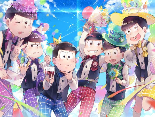 Anime picture 1200x903 with osomatsu-san matsuno osomatsu matsuno karamatsu matsuno ichimatsu matsuno choromatsu matsuno todomatsu matsuno juushimatsu ekita xuan looking at viewer blush short hair open mouth black hair sky cloud (clouds) long sleeves one eye closed wink black eyes multiple boys