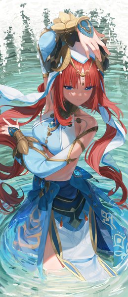 Anime picture 2337x5410 with genshin impact nilou (genshin impact) lunnarts single long hair tall image looking at viewer fringe highres blue eyes twintails bare shoulders red hair blunt bangs long sleeves arm up horn (horns) armpit (armpits) midriff partially submerged