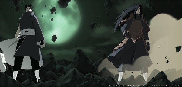 Anime picture 2000x962 with naruto studio pierrot naruto (series) uchiha madara uchiha obito tobi themnaxs long hair fringe highres short hair black hair wide image cloud (clouds) hair over one eye grey eyes night sky hand on hip torn clothes coloring