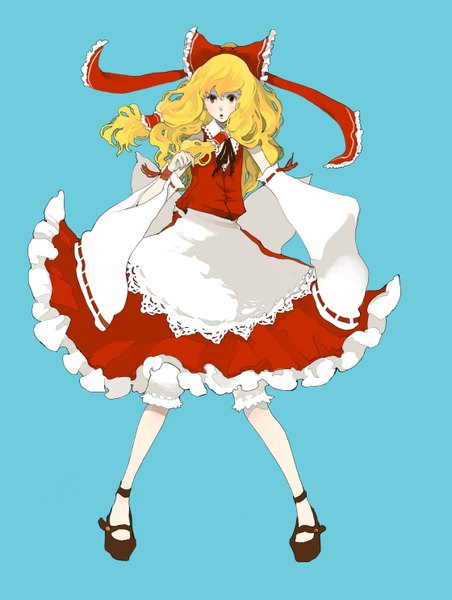 Anime picture 1120x1486 with touhou hakurei reimu isuzu (pixiv) long hair tall image blonde hair blue background miko alternate hair color girl skirt bow hair bow detached sleeves skirt set