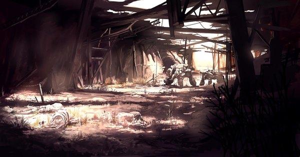 Anime picture 1188x624 with original bakurai (pixiv) wide image ruins plant (plants) mecha barbed wire