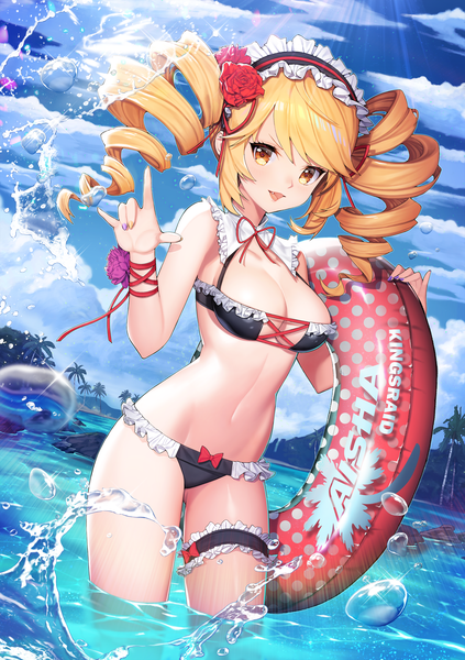 Anime picture 3000x4259 with king's raid aisha (king's raid) monini single long hair tall image blush fringe highres breasts open mouth light erotic blonde hair smile hair between eyes large breasts standing twintails bare shoulders holding