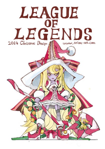 Anime picture 3508x4961 with league of legends lulu (league of legends) loiza single tall image blush highres simple background blonde hair white background yellow eyes absurdres very long hair pointy ears blue skin girl thighhighs dress black thighhighs hat