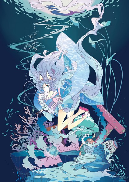 Anime picture 744x1052 with original hpknight single long hair tall image blue eyes bare shoulders animal ears blue hair bare legs underwater girl bow plant (plants) water bandage (bandages) fish (fishes) lantern short kimono seashell