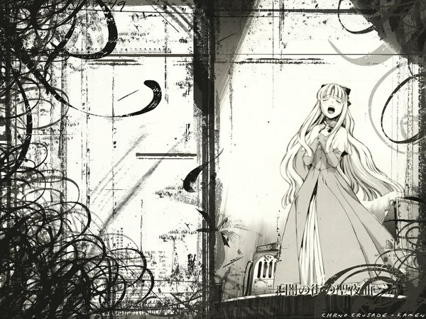 Anime picture 1024x768 with chrono crusade gonzo azmaria hendric single long hair fringe open mouth standing eyes closed monochrome singing girl dress bow hair bow scene