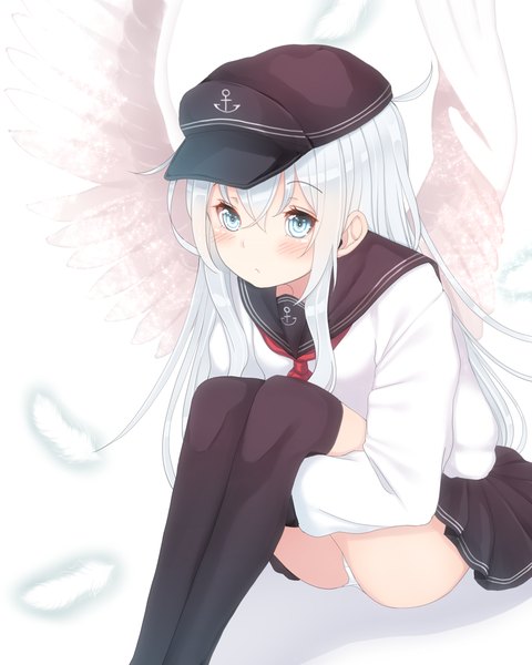 Anime picture 960x1200 with kantai collection hibiki destroyer kiyomin single long hair tall image blue eyes light erotic white background white hair pantyshot girl thighhighs skirt underwear panties black thighhighs miniskirt wings feather (feathers)