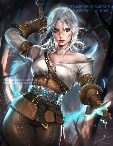 Anime picture 695x900 with the witcher the witcher 3 wild hunt ciri sakimichan single tall image looking at viewer fringe short hair standing bare shoulders green eyes silver hair ahoge arm up lips realistic magic facial mark pointing