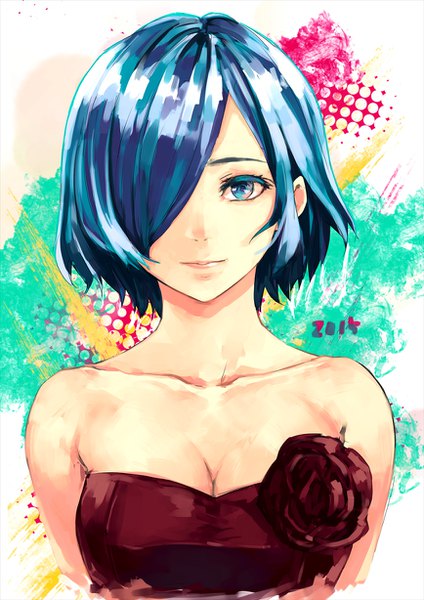 Anime picture 868x1228 with tokyo ghoul studio pierrot kirishima touka arios (orochi yuta) single tall image looking at viewer fringe short hair breasts blue eyes bare shoulders blue hair cleavage upper body light smile hair over one eye shadow portrait 2015