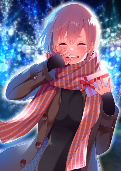 Anime picture 2507x3541 with go-toubun no hanayome nakano ichika piyopoyo single tall image blush fringe highres short hair open mouth hair between eyes standing holding upper body outdoors eyes closed fingernails wind grey hair night
