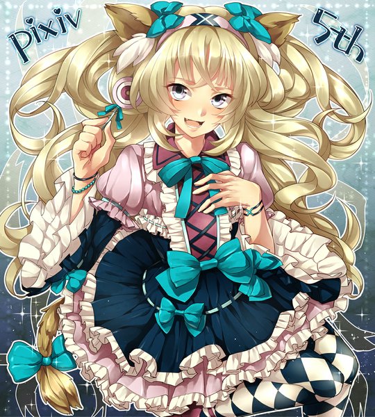 Anime picture 1000x1111 with original pixiv yamaki suzume single long hair tall image looking at viewer blush fringe open mouth blonde hair animal ears cat ears wavy hair silver eyes girl dress bow hair bow frills