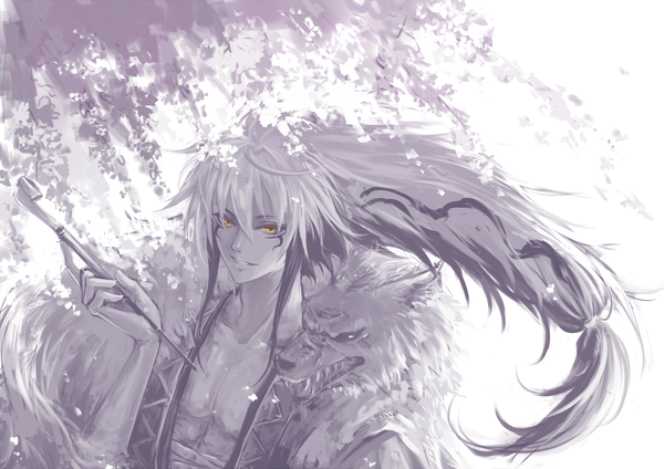 Anime picture 1000x707 with nurarihyon no mago nura rikuo qinshou single long hair looking at viewer smile yellow eyes multicolored hair wind two-tone hair monochrome boy flower (flowers) animal petals pipe wisteria wolf kiseru