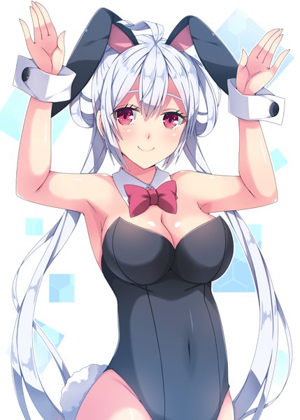 Anime picture 715x1000 with phantasy star phantasy star online 2 sega matoi (pso2) milkpanda single long hair tall image looking at viewer blush breasts light erotic smile red eyes twintails animal ears silver hair ahoge bunny ears bunny pose