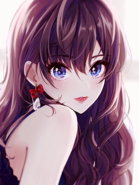 Anime picture 1400x1867 with idolmaster idolmaster cinderella girls ichinose shiki magako single long hair tall image looking at viewer fringe blue eyes simple background brown hair upper body sparkle lipstick eyeshadow red lipstick girl earrings diamond (shape)