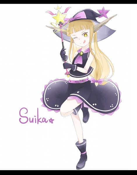 Anime picture 1239x1581 with touhou ibuki suika crazyoton46 single long hair tall image looking at viewer fringe simple background blonde hair smile standing white background blunt bangs one eye closed horn (horns) midriff alternate costume character names symbol-shaped pupils