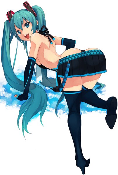 Anime picture 1440x2140 with vocaloid hatsune miku penguin caee single long hair tall image open mouth light erotic twintails ass looking back aqua eyes aqua hair back on all fours girl thighhighs detached sleeves miniskirt