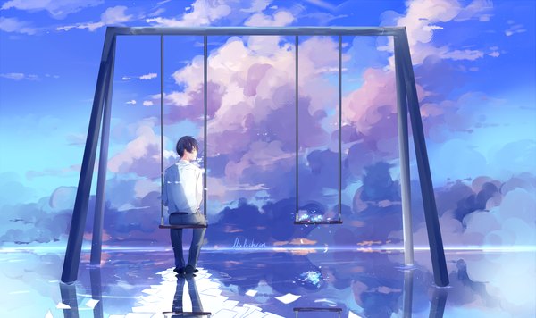 Anime picture 3507x2080 with original lluluchwan single highres short hair black hair wide image sitting looking away absurdres sky cloud (clouds) full body outdoors from behind black eyes reflection smoking sad boy