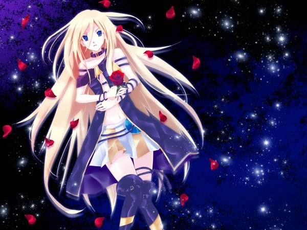 Anime picture 1200x900 with vocaloid lily (vocaloid) long hair blonde hair blue hair space girl flower (flowers) petals rose (roses) red rose