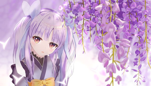 Anime-Bild 5682x3250 mit princess connect! kyouka (princess connect!) blessing wind single long hair looking at viewer blush fringe highres open mouth wide image twintails brown eyes absurdres purple hair upper body blunt bangs head tilt girl flower (flowers)