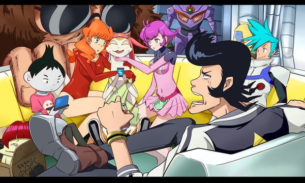 Anime picture 1666x1000 with space dandy studio bones dandy (space dandy) meow (space dandy) qt (space dandy) female dandy gudon (iukhzl) short hair open mouth blue eyes black hair smile wide image sitting multiple girls brown eyes green eyes purple hair ahoge red hair