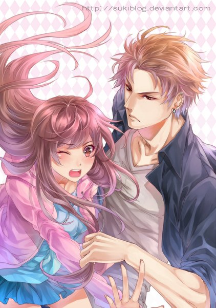Anime picture 704x1000 with sukiblog long hair tall image short hair blonde hair yellow eyes pink hair pleated skirt one eye closed pink eyes wink open clothes open jacket couple piercing muscle girl boy skirt jacket