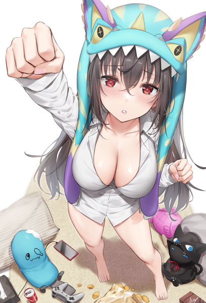 Anime picture 1700x2500 with original wet.elephant single long hair tall image looking at viewer blush fringe breasts light erotic black hair hair between eyes red eyes large breasts cleavage full body long sleeves parted lips barefoot arm up