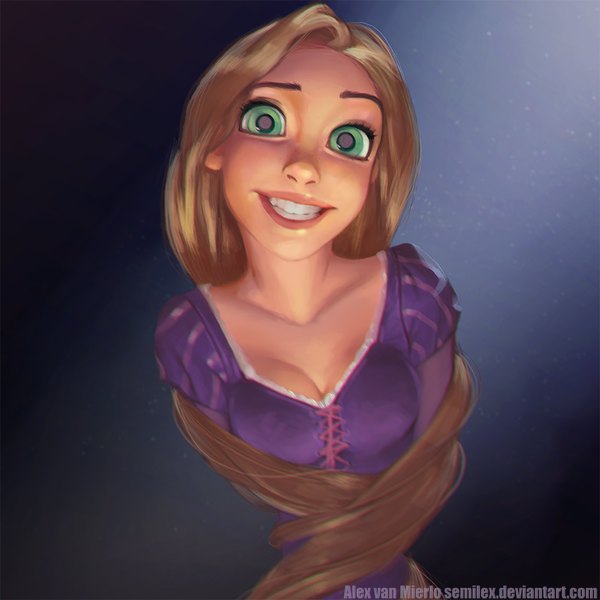 Anime picture 900x900 with tangled disney rapunzel semilex single breasts blonde hair smile green eyes very long hair lips teeth grin girl dress