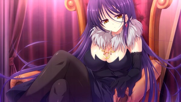Anime picture 1024x576 with hanayome to maou single long hair looking at viewer hair between eyes wide image yellow eyes game cg purple hair crossed legs girl dress gloves earrings black gloves elbow gloves