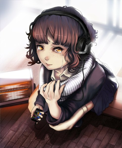 Anime picture 1200x1453 with single tall image short hair brown hair sitting yellow eyes tears girl thighhighs skirt white thighhighs headphones scarf phone
