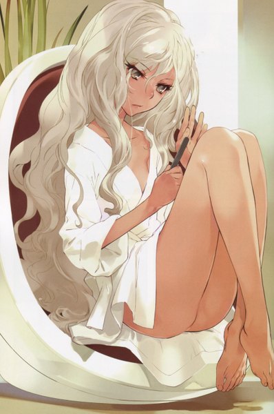 Anime picture 1800x2713 with original okazaki takeshi single long hair tall image highres light erotic sitting brown eyes absurdres ass white hair barefoot open clothes open shirt legs wavy hair girl chair bathrobe