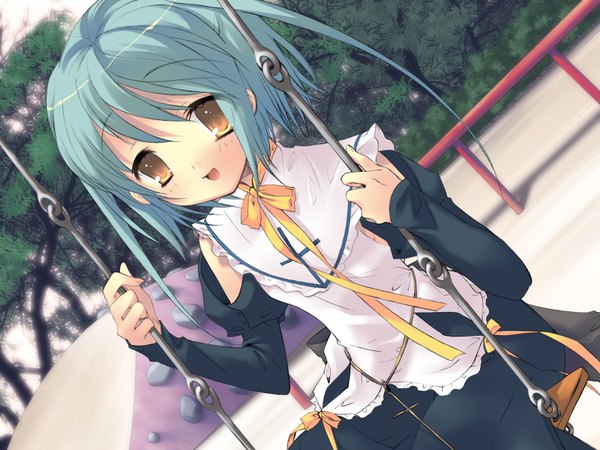 Anime-Bild 800x600 mit peace@pieces anzu itou noiji single looking at viewer blush fringe short hair open mouth hair between eyes sitting brown eyes game cg outdoors :d aqua hair dutch angle puffy sleeves girl dress