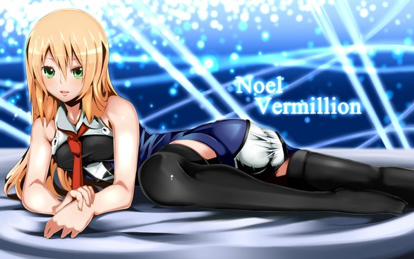 Anime picture 3383x2124 with blazblue noel vermillion parsley (kn-08) single long hair highres light erotic blonde hair green eyes absurdres lying girl thighhighs black thighhighs necktie