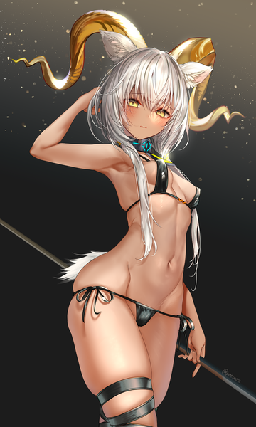 Anime picture 2400x4000 with arknights beeswax (arknights) pottsness single long hair tall image looking at viewer blush fringe highres breasts light erotic simple background hair between eyes twintails holding signed animal ears yellow eyes silver hair