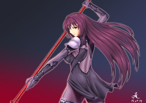 Anime picture 1000x707 with fate (series) fate/grand order type-moon scathach (fate) (all) scathach (fate) 210ten single long hair looking at viewer fringe simple background red eyes standing holding signed looking away pink hair dated girl dress