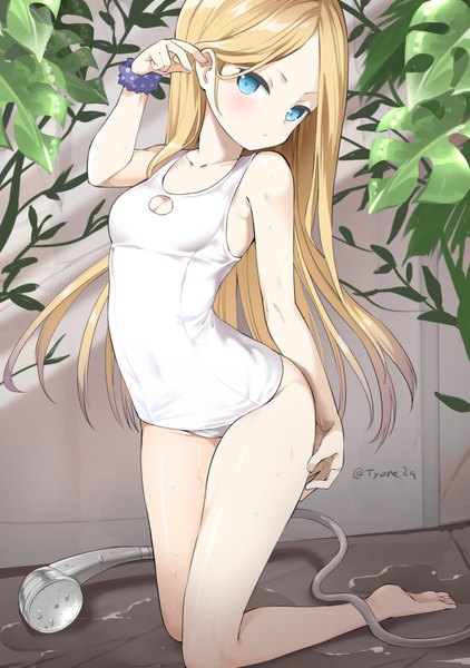 Anime picture 617x878 with fate (series) fate/grand order abigail williams (fate) tyone single long hair tall image looking at viewer blush fringe breasts blue eyes light erotic blonde hair signed full body head tilt barefoot twitter username kneeling
