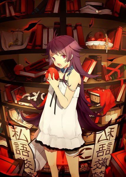 Anime picture 1000x1403 with original shirotaka (5choume) single long hair tall image fringe open mouth red eyes standing bare shoulders holding purple hair loli sleeveless glowing girl dress book (books) sundress fruit