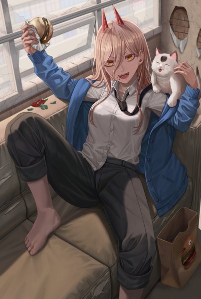 Anime picture 2134x3178 with chainsaw man mappa power (chainsaw man) meowy (chainsaw man) silvertsuki single long hair tall image looking at viewer fringe highres open mouth blonde hair smile hair between eyes holding yellow eyes indoors long sleeves :d