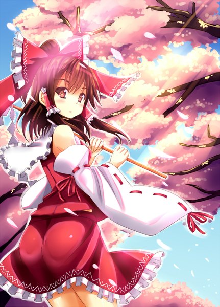 Anime picture 1000x1393 with touhou hakurei reimu tokyo yamane tall image blush short hair red eyes brown hair cherry blossoms miko girl skirt bow hair bow detached sleeves gohei
