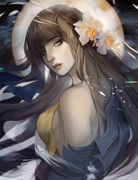 Anime picture 689x900 with original juuhanna single long hair tall image looking at viewer fringe blue eyes light erotic brown hair bare shoulders blue hair parted lips head tilt looking back hair flower wind lips lipstick gradient hair