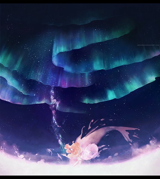 Anime picture 930x1040 with original megatruh single long hair tall image blonde hair night night sky letterboxed landscape scenic aurora borealis girl star (stars)