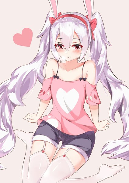 Anime picture 744x1052 with azur lane bilan hangxian laffey (azur lane) yitiao yuxian single long hair tall image looking at viewer fringe simple background hair between eyes sitting twintails bare shoulders animal ears payot silver hair bent knee (knees) pink eyes arm support
