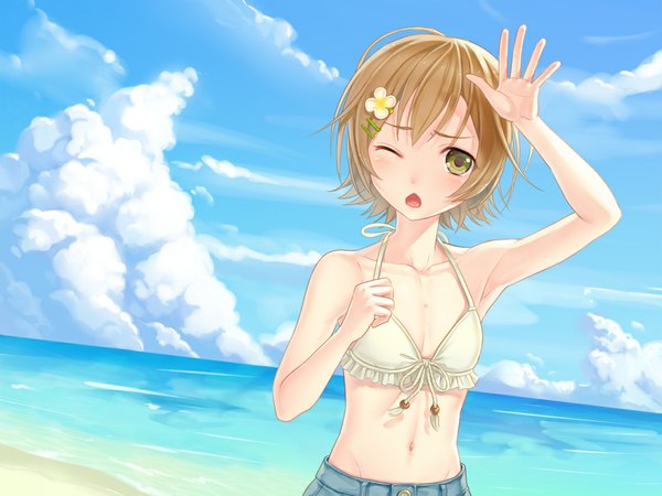 Anime picture 1120x840 with original otosume ruiko single short hair open mouth blonde hair green eyes cloud (clouds) one eye closed wink girl navel hair ornament