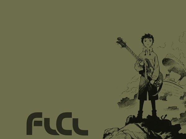 Anime picture 1024x768 with flcl gainax nandaba naota sadamoto yoshiyuki single looking at viewer short hair black hair standing full body wallpaper monochrome third-party edit boy shorts musical instrument guitar