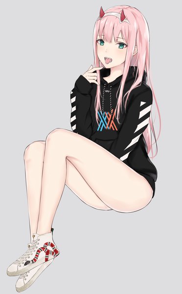 Anime picture 1642x2644 with darling in the franxx studio trigger zero two (darling in the franxx) adore (adoredesu) single long hair tall image looking at viewer blush fringe open mouth light erotic simple background hair between eyes sitting pink hair full body bent knee (knees) long sleeves horn (horns)